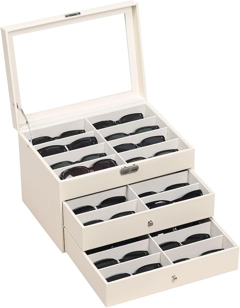 AUTOARK Leather Clear Lid 24 Piece Eyeglasses Storage and Sunglass Glasses Display Drawer Lockable Case Organizer,Beige,MKAW047