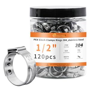 WYSIWYKA 120pcs 1/2 inch PEX Cinch Clamps Rings, 304 Stainless Steel Single Ear Hose Clamps, Heavy Duty Pex Crimp Rings for PEX Tubing Pipe Fitting Connections