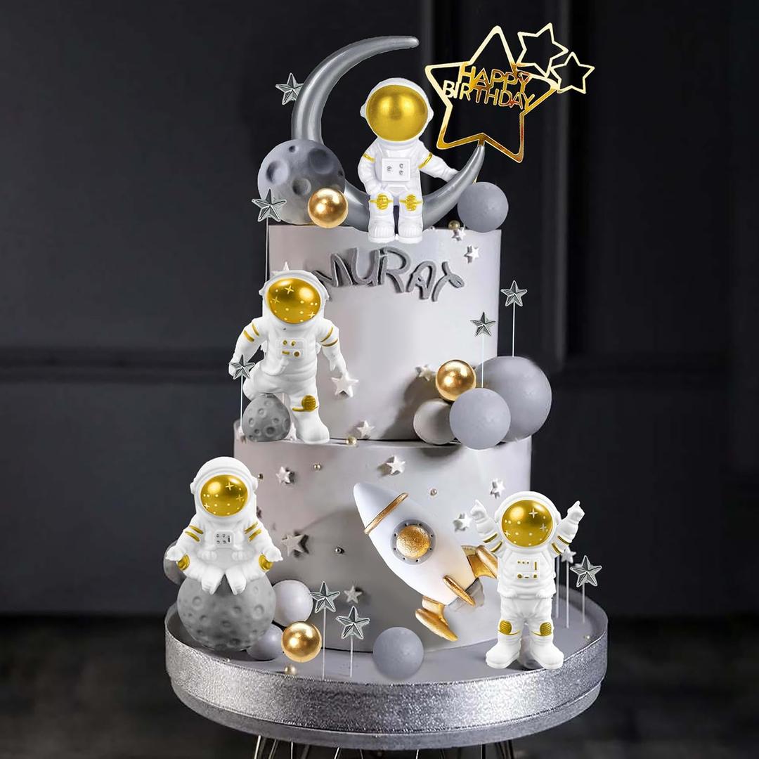 Space Cake Toppers with Balls Stars Astronauts Figurines Rocket for Outer Space Theme Birthday