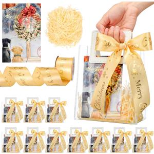 12 Pack Small Christmas PVC Clear Gift Bags with Handles Christmas Gift Bags 12 Cards 1 Ribbon 1 Bag of Raffia Fill Paper for Xmas Gifts Wrapping Holiday Party Favor, 7 x 6.3 x 3.15''(Golden)