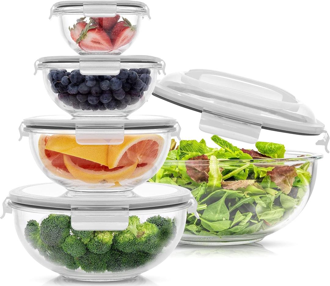 JoyJolt Kitchen Mixing Bowls. 5pc Glass Bowls with Lids Set – Neat Nesting Bowls. Large Mixing Bowl Set incl Batter Bowl, Cooking Bowls, Storage Bowls with Lids and Big Salad Bowl with BPAFree Lids