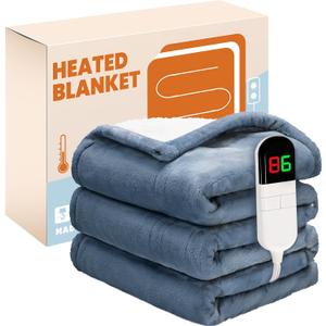 Electric Heated Blanket,Flannel & Sherpa Heated Throw Blanket 50"x60",Fast Heating Soft Fleece Blanket with 8 Heating Levels & 8H Auto Off-Blue