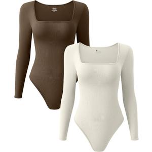 OQQ Women's 2 Piece Bodysuits Sexy Ribbed One Piece Square Neck Long Sleeve Tops (Coffee Beige), XL