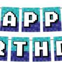 Happy Birthday Banner, Pre-Strung Birthday Party Decorations Pixel Mining Theme Party Favors for Home Wall Door Window Parties Decor Photo Prop