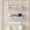 Over The Door Hooks Organizer, Over Door Storage with 12 Coat Hooks and 2 Mesh Basket, Bathroom Door Organizer Towel Rack Back of Door Hanger Organizer for Bedroom, Kitchen(White)