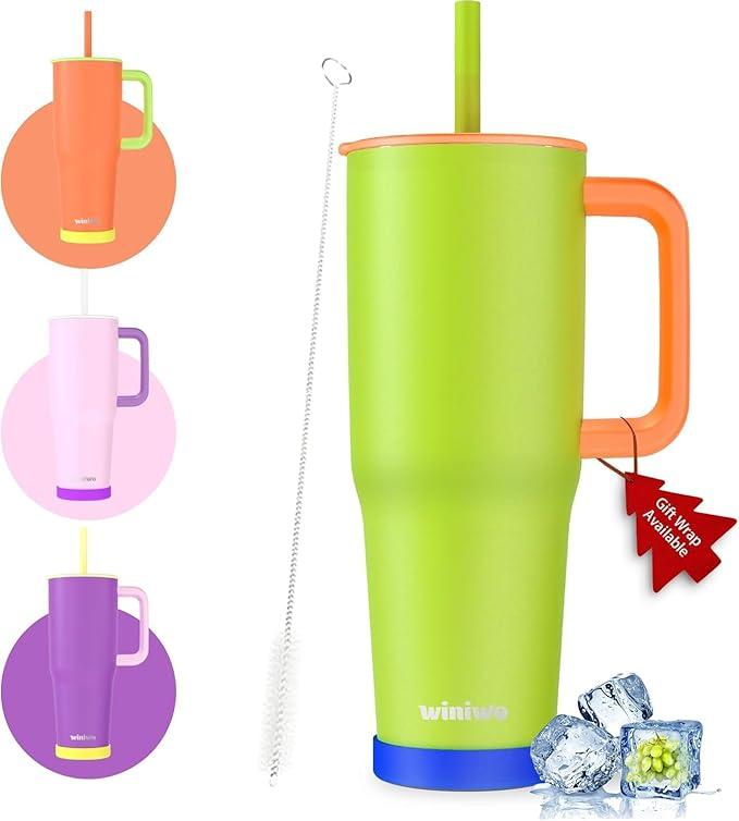 40 oz Tumbler with Handle and Straw, Gift for Her, Flexible Straw, Insulated Tumbler Cups with Silicone Bottom, Keeps Beverages Cold Up to 24 Hours, Gym/Travel/School（ Neon Green）