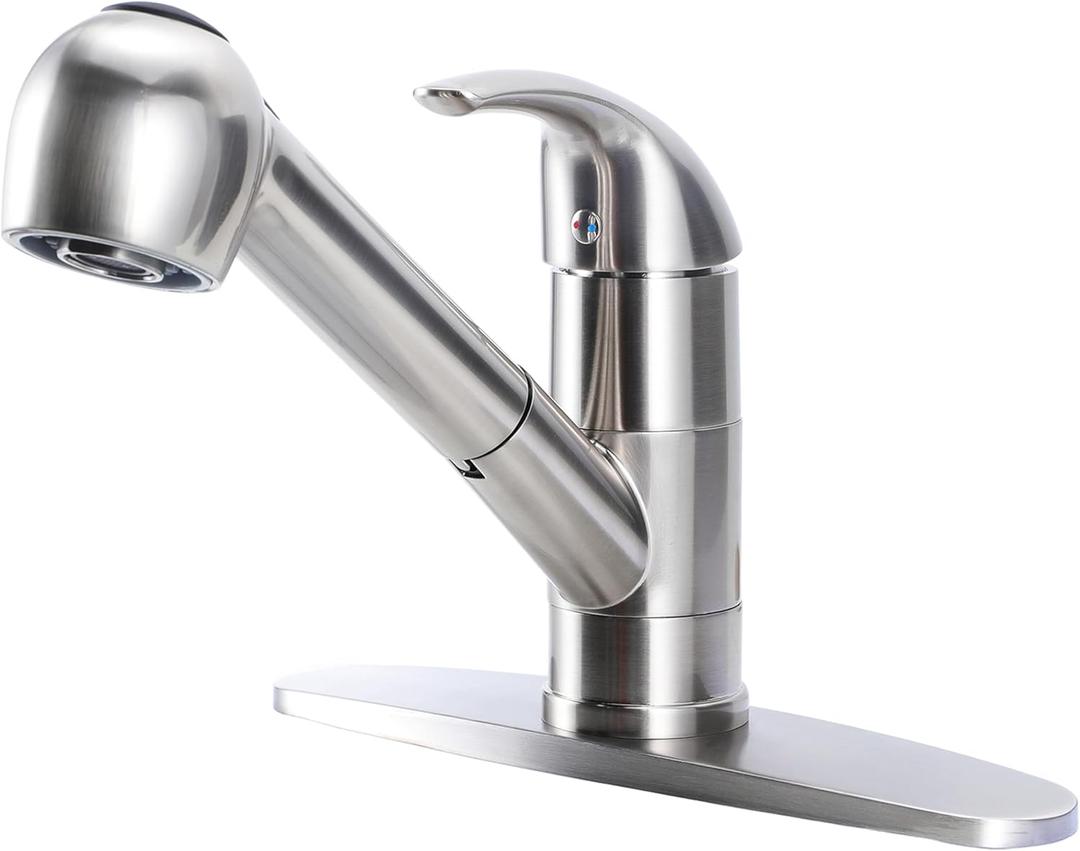 Comllen Commercial Small Kitchen Faucet Brushed Nickel, Stainless Steel Single Handle Pull Out Kitchen Sink Faucet, Single Hole Low Kitchen Faucets with Sprayer