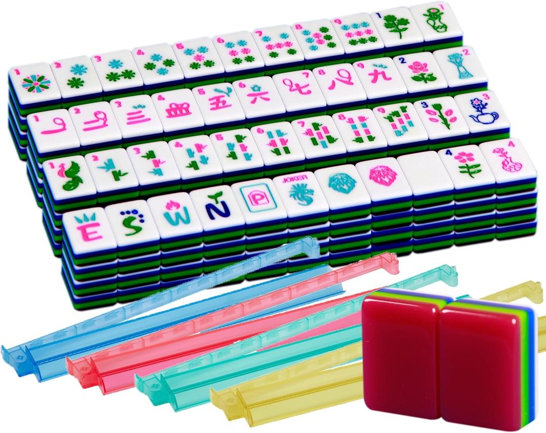 4-Layer Mahjong Tile Set 1.2-inch Rose Red 166 American Mahjong Tile Set with 4PCS Mahjong Racks with Pushers