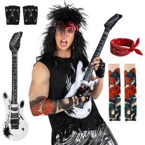 Morph 80s Accessories for Mens Rockstar Costume 80s Rocker Wig Tattoo Sleeve Gloves Headscarves Halloween Mens Rocker Costume, One Size