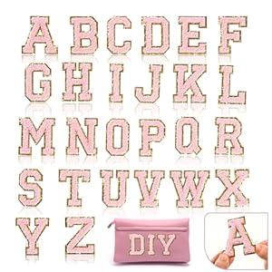 26 Piece Self Adhesive Chenille Letter Patches Varsity Letter Patches A-Z Glitter Iron on Alphabet Patches for Clothing Jeans Backpacks Hat DIY Supplies (Pink)