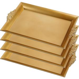 4 Pcs Gold Tray 14" x 10" Rectangle Decorative Plastic Serving Trays with Embossed Rims for Party Anniversary Wedding Bridal Shower, Baby Shower, Birthday, Cake Dessert Display