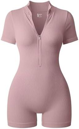 OQQ Women Rompers Ribbed Short Sleeve Zip Front Stretch Tummy Control Yoga Workout Rompers, XL