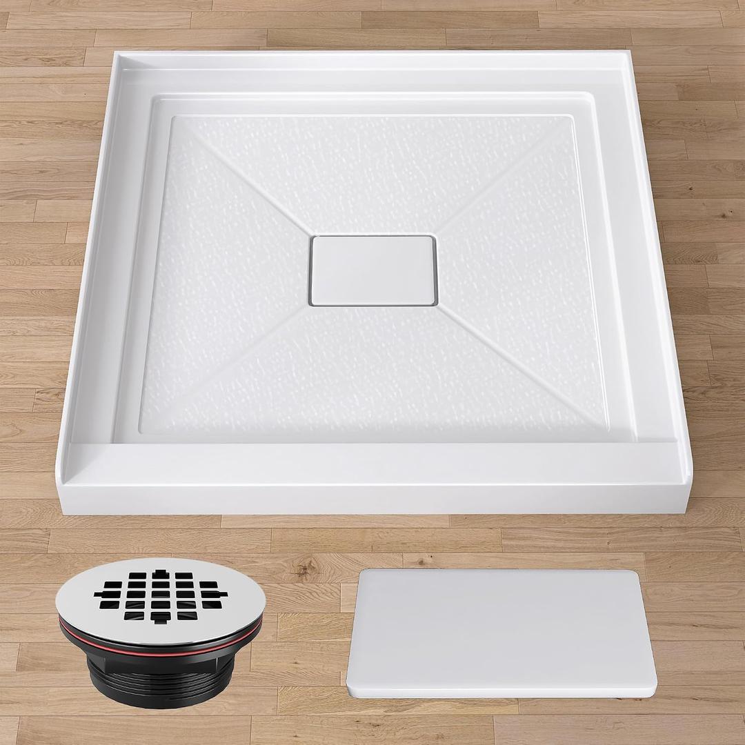 GETPRO Shower Base 34 in. D x 34 in. W Center Drain Single Threshold Shower Pan With Non-Slip Textured Surface, White Acrylic Shower Floor Base for Bathroom with Drain and White Cover Included
