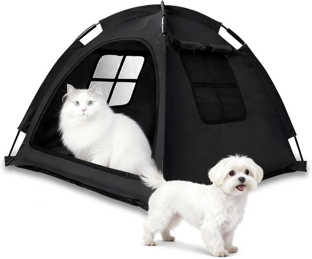 Open Design Pet Tent, Cozy Monitoring Bed for Cats & Puppies, Breathable Mesh Walls for Security & Ventilation, Indoor Outdoor Travel, Black (Small)