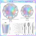 175 Pcs Iridescent Plates and Napkins Set, 25 Guest Iridescent Party Supplies Include Scalloped Plate Napkin Cup Forks Knives Disposable Plastic Cutlery for Birthda Bridal Wedding Disco