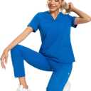 Scrubs for Women Set V-Neck Top & Straight Leg Pants 12 Pockets for Nurses & Healthcare Workers (Blue, M)