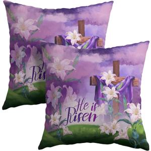 Kawani Easter Throw Pillow Covers 18x18 Set of 2 He is Risen Cushion Case Cotton Linen Square Happy Easter Purple Throw Pillows Case for Spring Flowers Party Sofa Couch Bed Bench Outdoor