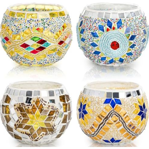 DEAYOU 3 Pack Glass Candle Holders Mosaic, Decorative Glass Tealight Votive Holder Bowl, Scented Candle Stand for Lighting Decor, Gift, Aromatherapy, Also Used as Vase, Pen Holder, Potted Plant Bowl
