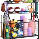 Sports Equipment Garage Organizer - Heavy Duty Garage Organization Ball Storage Rack with Basket, Hooks and Rolling Cart for Sports Gear and Toy Storage, Indoor/Outdoor Use, Black