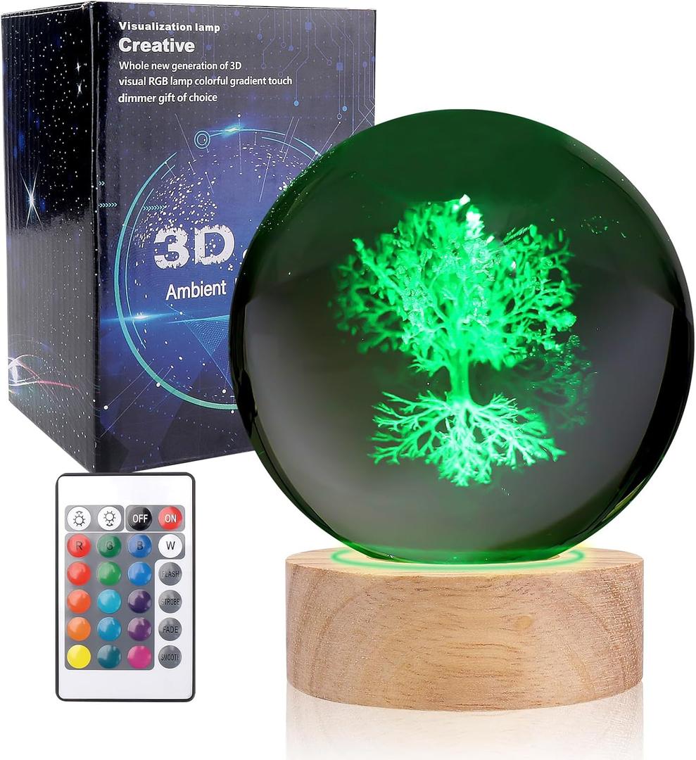 3D The Tree of Life Crystal Ball Night Light with 16 Color LED Wooden Base with Remote Control3.15 Inch The Tree of Life Glass BallCool Desk Decor Gifts for Kids Girls Boys Friends Fans