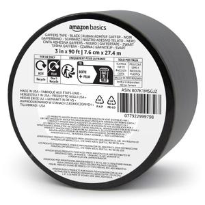 Amazon Basics No Residue, Non-Reflective Gaffers Tape for Photography and Filming, Removable Strong Adhesive for Cords, 3 inch x 90 feet, Black