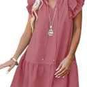 Dokotoo Womens Summer Dresses 2025 V-Neck Drawstring Ruffle Cap Short Sleeve Side Pockets Mini Dress Sundress
, L