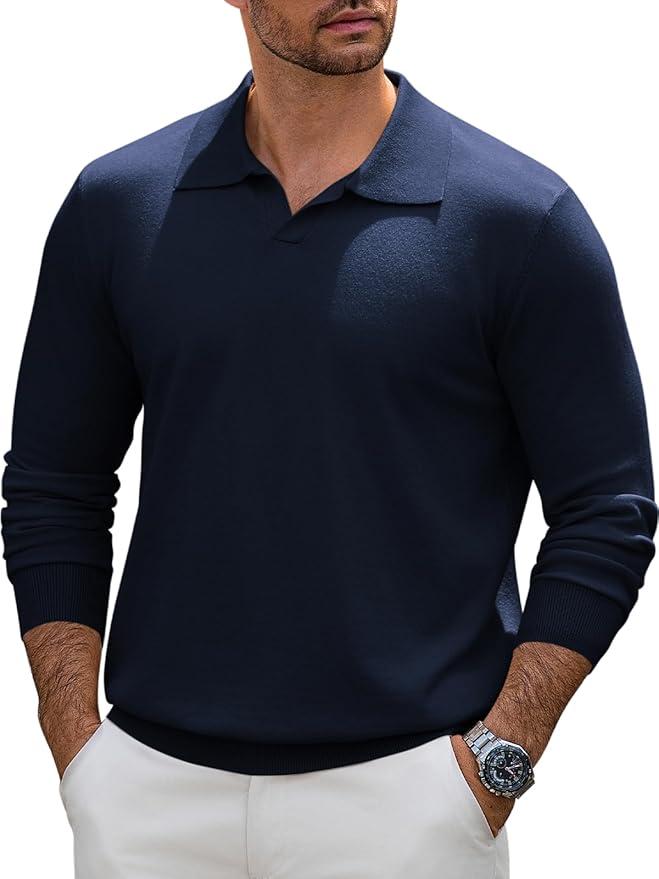 LIFROWI Mens Sweater Knit Polo Golf Shirt Long Sleeve V Neck Knitted Causal Collared Fashion Business Pullover Sweater(L,3-Navy Blue)