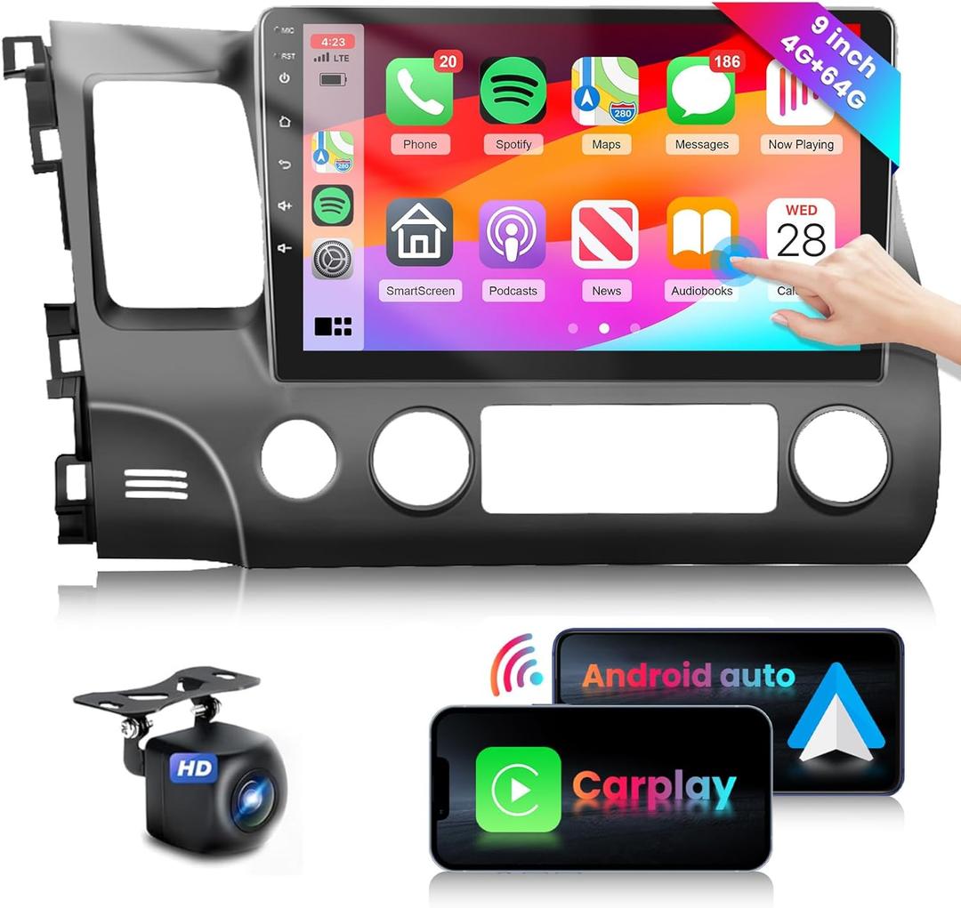 4G 64G Car Stereo for Honda Civic 2006-2011 Radio with 10.1inch 1280x720 IPS Touch Screen AI Radio DSP 36EQ Wireless Carplay Android Auto Bluetooth 5.0 GPS FM/RDS WiFi MirrorLink AHD Backup Camera