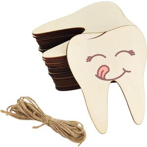 30 Pack 4 Inch Wood Tooth Cutouts Unfinished Wood Tooth Crafts Wooden Tooth Hanging Ornaments DIY Tooth Craft Gift Tags for Home Party Decoration