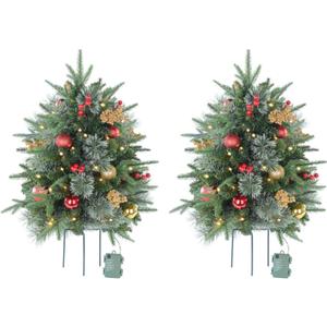 2 Pack Outdoor Christmas Tree 30 INCH, with 100 LED Lights, Prelit Small with Berries and Pine Cones and Gold&red Balls, Pre-Decorated Green Xmas Tree for Pathway, Porch
