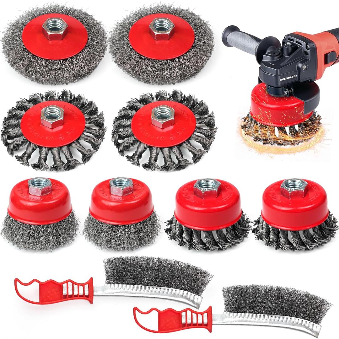 8 Pack Wire Wheel Brush for Angle Grinder & 2pcs Wire Scratch Brushes Set Wheel & Cup Brush for 4-1/2" Grinder 5/8"-11 Threaded Arbor Wheel & Scratch Brushes for Rust Removal, Polishing