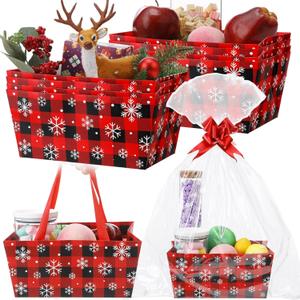 Moinchore 12 Pcs Christmas Snowflake Basket for Gifts Empty 9.8 x 6.5'' Red Black Plaid Cardboard Gift Basket with Bows, Plastic Bags, Twist Ties, Empty to Fill for Holiday Birthday Winter Xmas Party