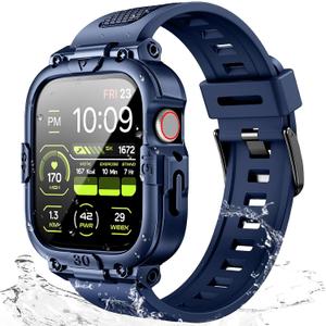 Dsytom Waterproof Case with Band Compatible for Apple Watch Band 46mm 45mm 44mm 42mmS10 41mm 40mm for Men,Rugged Smartwatch Strap with Built-in Tempered Glass Screen Protector for iWatch Series 10/9/8/7/6/5/4/SE/SE2 (Dark Blue)