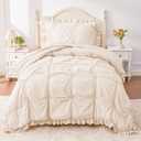 Twin Comforter Set for Girls, Boho Pintuck Bedding Comforter Sets, 4 Pieces Ruffles Jacquard Embroidery Twin Bedding Sets with Comforter, Fitted Sheet, Flat Sheet and Pillowcase, Beige