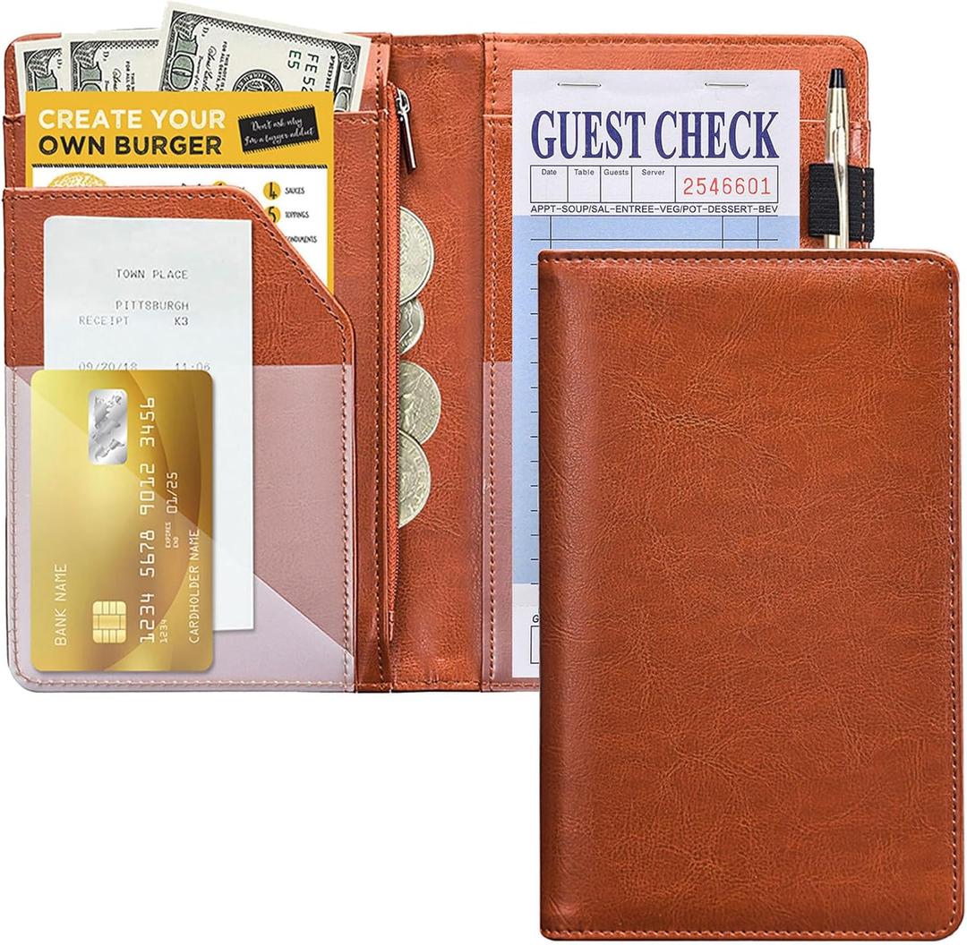 Server Books For Waitress/Waiter Book with Zipper Money Pocket,Cute Waitress Books Organizer Accessories Fit Server Aprons Note Pads (Brown)