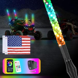 1PCS 2FT Whip Lights with Upgraded Spring Base, Spiral RGB Chasing Led Whip Lights for Side by Side, APP & Remote Control Music Led Whips with Rocker Switch for UTV ATV RZR SXS Can-Am