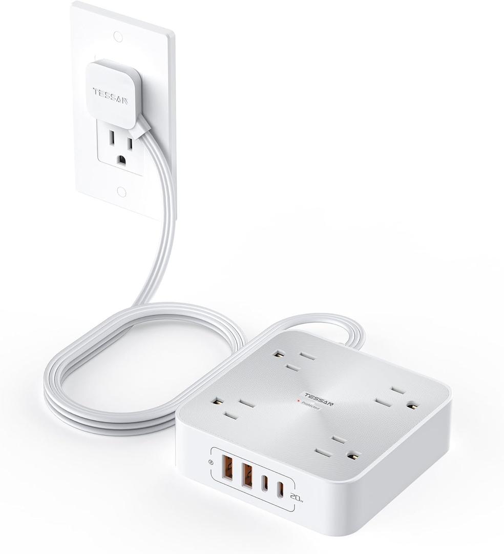 Surge Protector Power Strip 20W, TESSAN Flat Plug Thin Extension Cord 6 FT, Multiple Charging Station with 4 Outlets 4 USB(2 USB C), Mountable, Surge Protection for Home Office Dorm, Desk Accessories (Grey)