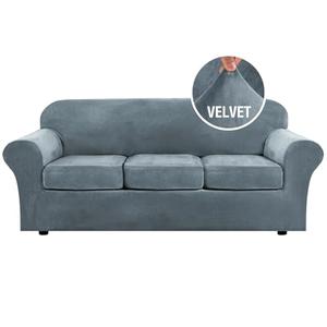 H.VERSAILTEX Modern Velvet Plush 4 Piece High Stretch Sofa Slipcover Sofa Cover Furniture Protector Form Fit Luxury Thick Velvet Sofa Cover for 3 Cushion Couch Width Up to 90 Inch (Sofa,Stone Blue)