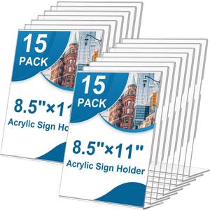 15 Pack Acrylic Sign Holder 8.5 x 11, L-Shape Clear Plastic Display Stand for Tabletop, Acrylic Stands for Flyers, Table Paper Holder, Vertical Sign Holder 8.5x11 for Restaurants, Office and School (Slant 15 Pack 8.5x11)