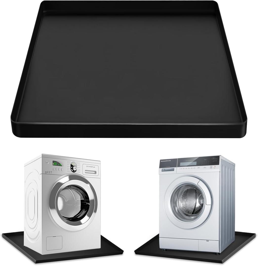 Washing Machine Washer Drain Pan Silicone Mat, Large Non-Slip Leak Washer Tray Soft Bottom Pad Portable Washing Machine Silicone Mat with Raised Edge Drip Mat for Floor Protector 27" x 27", Black