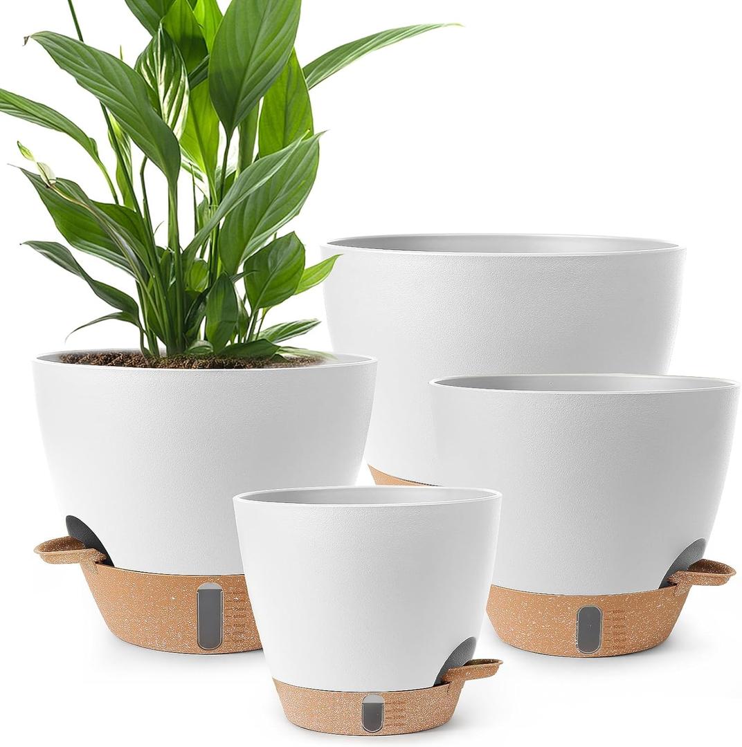 Plant Pots,12/10/9/8/ Inch Large Plastic Self Watering Flower Pots Indoor Outdoor with Drainage Holes, Deep Reservoir,Nursery Planting Pot for Indoor Out Door Plants White