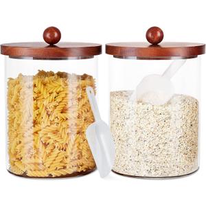 Set of 2 Large Glass Food Storage Jar-101 FLOZ, Flour and Sugar Storage Containers for Kitchen Counter with Wooden Airtight Lid & Base,Kitchen Storage Jars for Coffee,Rice,Candy, Cookie