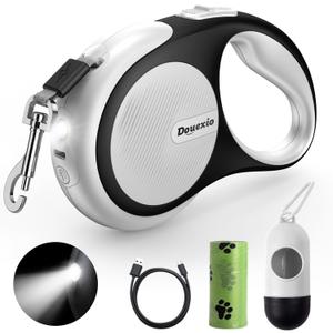 Retractable Dog Leash with LED Flashlight, Douexio Upgrade 3 in 1 Dog Leash Retractable for Small Medium Dogs Up to 66 lbs, 16ft, Anti-Slip Handle (Black-White)