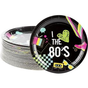 BLUE PANDA 80-Pack Retro 80s Party Plates for I Love the 1980s Birthday Supplies (Black, 9 in) - 80s Party Decorations