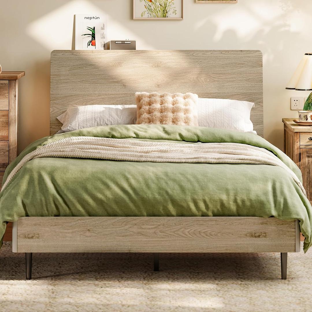 LINSY Wood Bed Frame with Headboard, Queen Bedframe Wooden Platform Frames Boho Queen Size Bed Frames with Solid Wood Slat, No Box Spring Needed, Easy Assembly, Light Wood