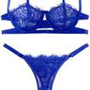 Lilosy Sexy Eyelash Underwire Floral Lace Sheer O Ring Linked Cutout Lingerie Set M