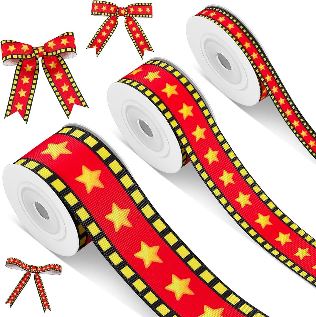 Cunno 3 Rolls Film Movie Night Ribbon with Gold Star Decorating Material Party Accessory for Theatre Cinema Themed Party Decor Home DIY Gift Wrapping Wreaths Crafts, 0.4, 0.87, 1.5 Inch Wide, 15 Yard (Black Yellow Red)