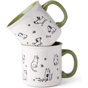 AmorArc 22 OZ Large Ceramic Coffee Mugs Set of 2, Oversized Mugs With Big Handle for Men Women Dad Mom, Big Mug With Textured Dogs Cats Patterns for Office & Home -Microwave Safe, 2 Pcs-Green