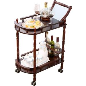 Bar Cart, Home Bar Service Cart with Wheels, 2-Layer Wine Mobile Trolley, Solid Wood Storage Rack with Bottle Rack, Mobile Food Cart Suitable for Home, Bar, Beauty Shop (Brown), 31.5 x 15.7 x 35.4 inches