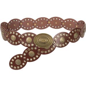 Wide Disc Belt for Women - PU Leather Hollow Out Round Belts Vintage Western Cowboy Cowgirl Waist Belt (Dark Brown)